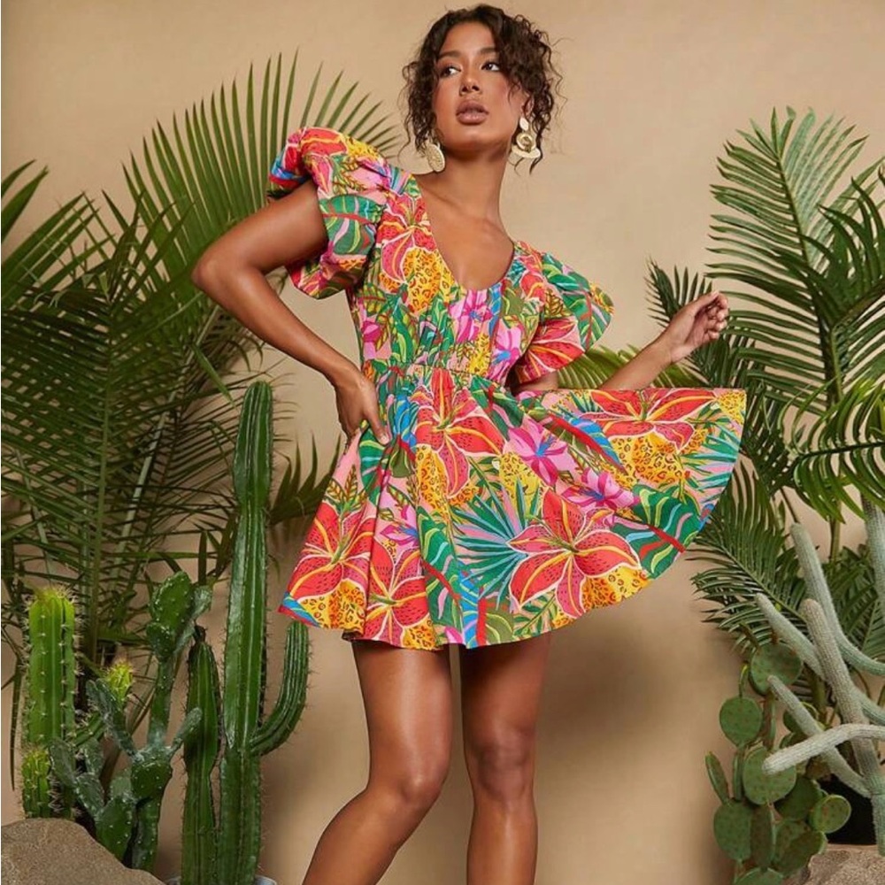 Shein Summer Beach Woman Tropical Print Butterfly Short Sleeve Dress S Small